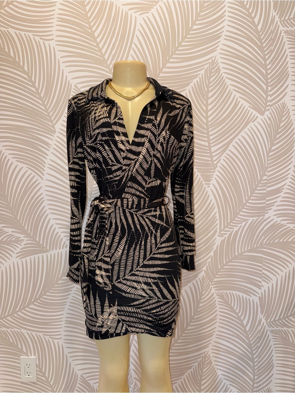 JLUXLABEL Black & Cream Leaf-Print Wrap Mini Dress